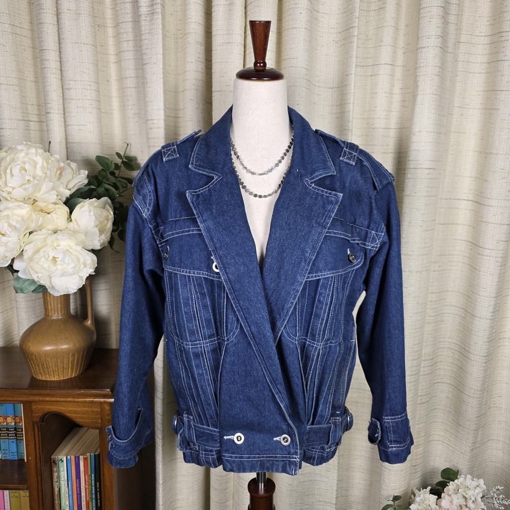 Together Vintage 80s Bomber Trucker Grunge Denim Jean Jacket‎ Crop Size XL READ